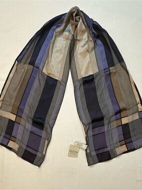 Collection XIIX 100% Silk Sheer Plaid Scarf Navy Gray